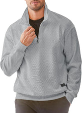 Men's Quarter Zip Waffle Sweatshirts Casual Long Sleeve Solid Color Geometric Texture Pullover Knit Polo Sweatshirt