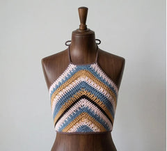 Crochet Halter Lace Back Top, Boho Summer Crop Top, Knitted Hollow Out Halter Neck Tank, Beach Festival Bohemian Style Top