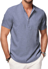 Mens Short Sleeve Linen Henley Shirts Casual Button Down Shirt Summer Beach Wear with Pocket