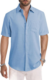 Men's Casual Stylish Short Sleeve Button-Up Striped Dress Shirts Cotton Beach Shirt