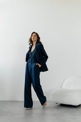 Navy Blue Classic Pantsuit, Dark Blue Formal Three-Piece Women's Suit, 3-Piece Set Jacket Vest and Palazzo Trousers, Office Matching Set