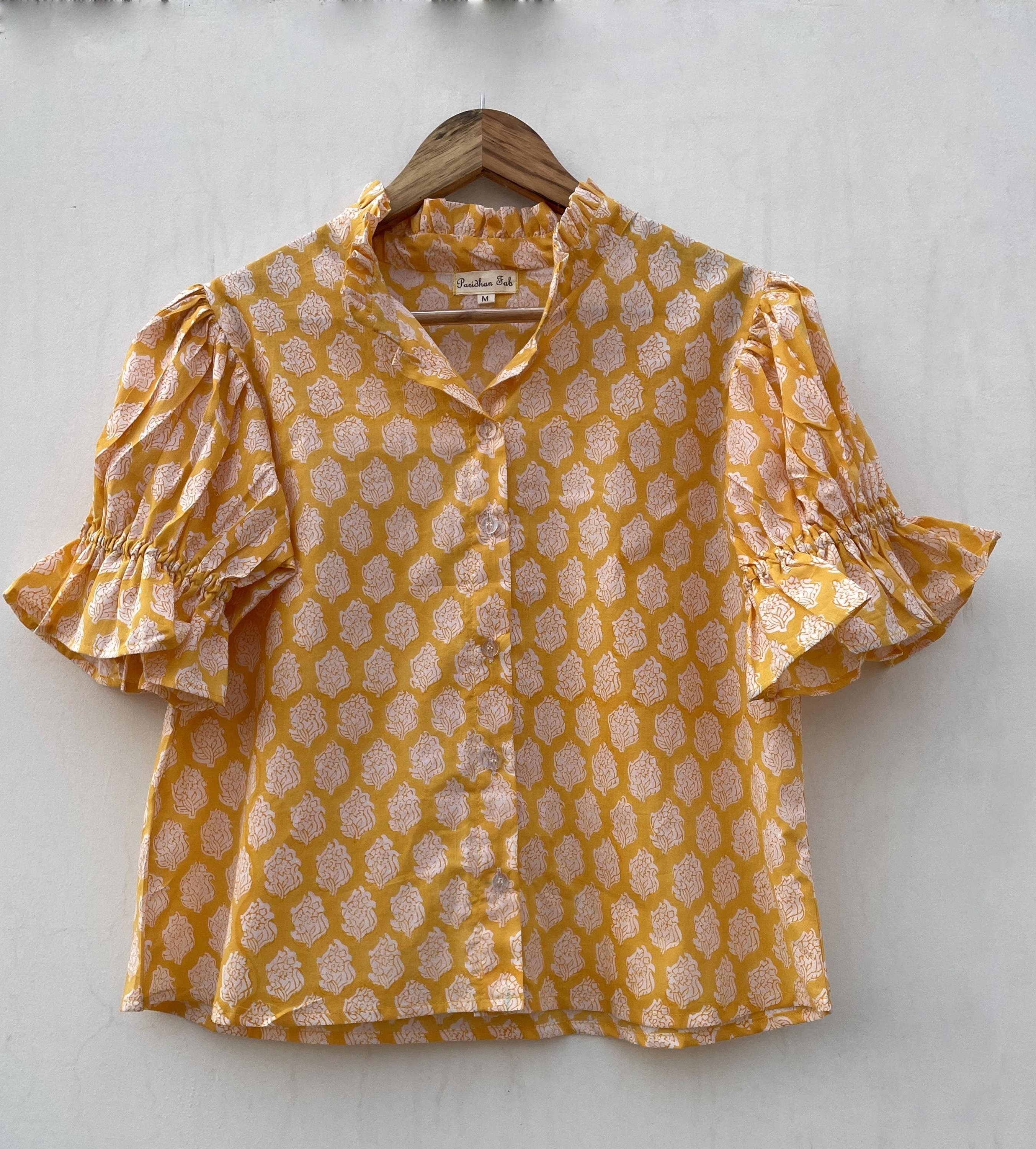 Button shirt summer look cotton tops and blouse / v neck with front button shirt look blouse / half sleeve printed bohemian shirt look top