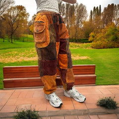 Corduroy Patchwork Pants with Side Satchel Pockets, Stone Washed