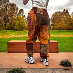 Corduroy Patchwork Pants with Side Satchel Pockets, Stone Washed