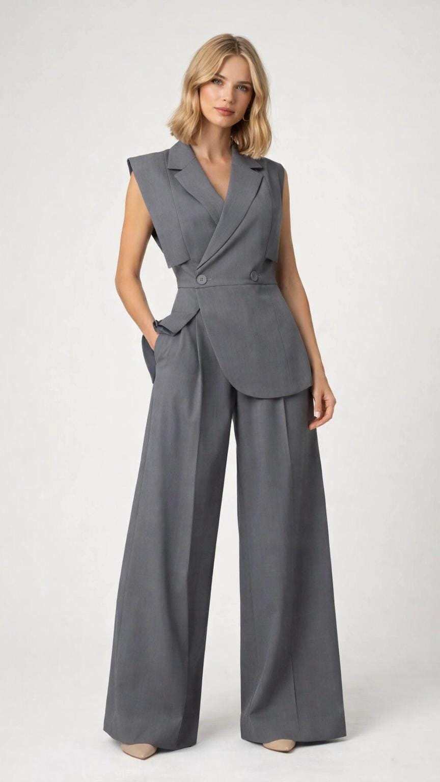 Elegant sleeveless pantsuit with tailored vest, wide leg trousers, minimalist office outfit, chic formal matching set for women