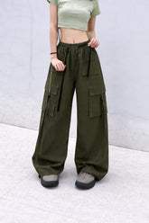 Olive Green Loose Fit Cargo Trousers – Everyday Casual Pants with Adjustable Drawstring