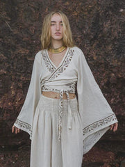 Boho Kimono Sleeve Wrap Top, Cotton Linen Festival Blouse Block Print Crop Bell Sleeve Bohemian Clothing Tribal Summer