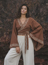 Boho Kimono Sleeve Wrap Top, Cotton Linen Festival Blouse Block Print Crop Bell Sleeve Bohemian Clothing Tribal Summer