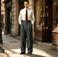 Custom 1930s Hollywood High-Waist Wool Slacks | Double Pleat, Loose Fit