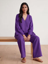 Purple Cotton Poplin Co Ord Set for Women, V Neck Top and Wide Leg Pants, Two Piece Matching Set, Relaxed Lounge Set, Minimalist Outfit