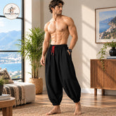 Men’s Cotton Linen Harem Pants, Loose Fit Elastic Waist Trousers, Casual Ankle Length Pants