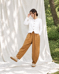 Fall Winter Cotton Linen Balloon Pants, Elastic Drawstring Waist Harem Trousers