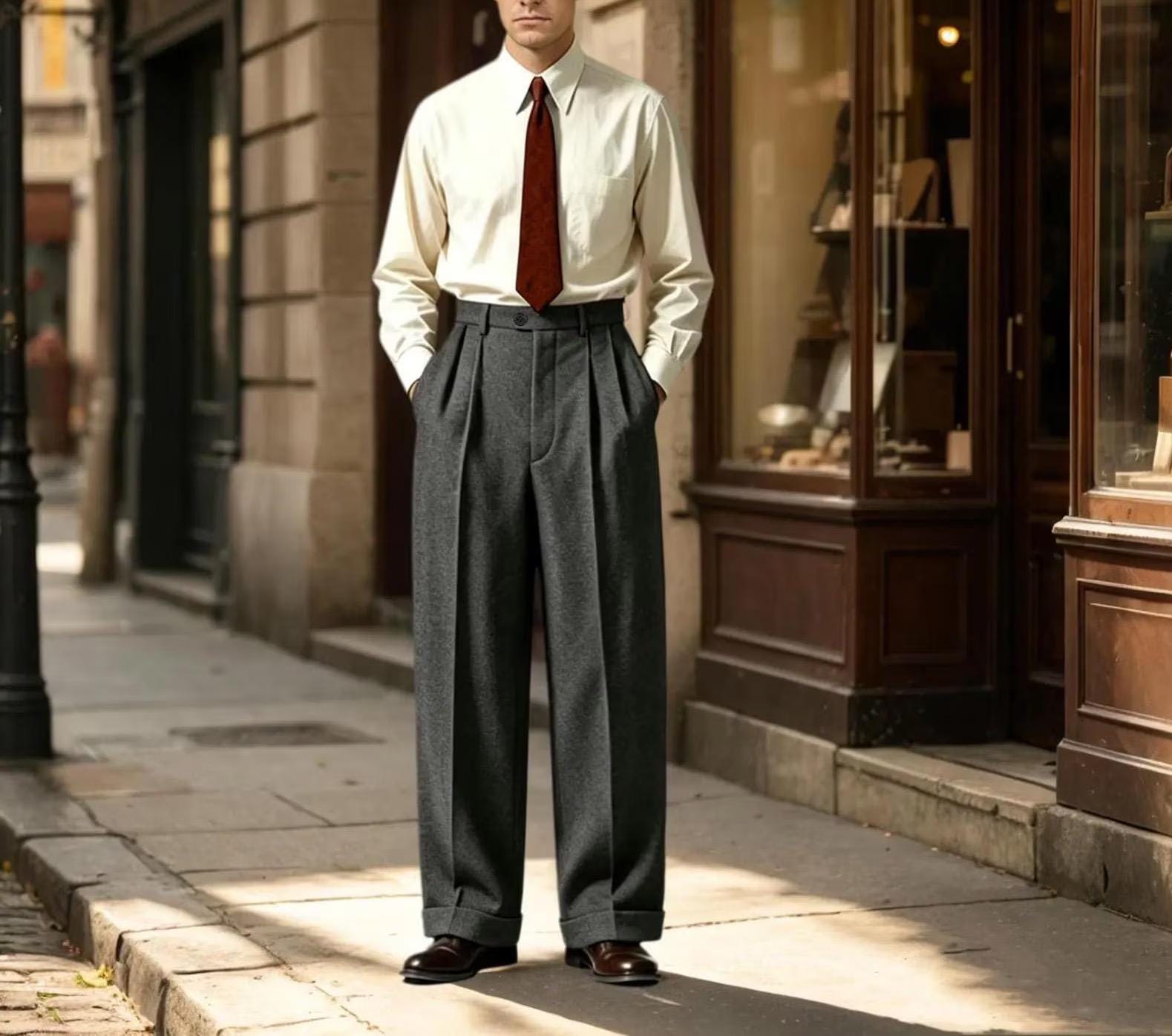 Custom 1930s Hollywood High-Waist Wool Slacks | Double Pleat, Loose Fit