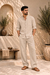 Men's Beige Linen Shirt & Pants Set, Relaxed Resort Wear