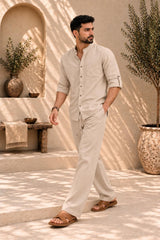 Men's Beige Linen Shirt & Pants Set, Relaxed Resort Wear