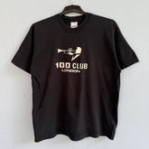Vintage 90s Screen Stars Black "100 Club London" T-Shirt – Retro Music Venue Trumpet Graphic Tee Size XL