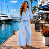 Women's Coastal Two Piece Set, Zip Front Top & Wide Leg Pants, Resort Vacation Outfit, Plus Size Matching Set