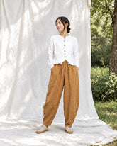 Fall Winter Cotton Linen Balloon Pants, Elastic Drawstring Waist Harem Trousers