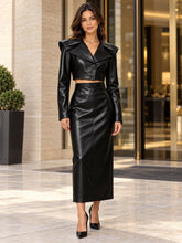 Women's Black Leather Skirt Set, Cropped Jacket with Oversized Collar and Maxi Pencil Skirt, Two Piece Evening Outfit