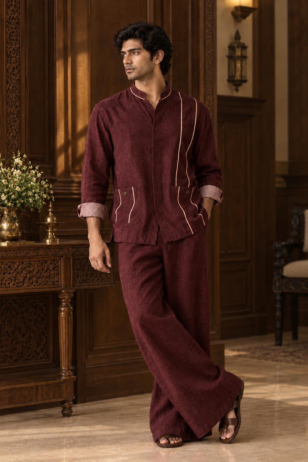 Men's Linen Co-Ord Set with Woven Tape Detail Shirt & Tailored Pants, Relaxed Casual Streetwear Outfit