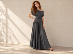 Off Shoulder Two Piece Skirt Set with Ruched Top and Flowy Maxi Skirt