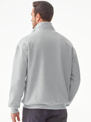 Men's Quarter Zip Waffle Sweatshirts Casual Long Sleeve Solid Color Geometric Texture Pullover Knit Polo Sweatshirt