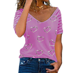 New Heart Printed V-neck Short Sleeve T-shirt, European American Women Tops