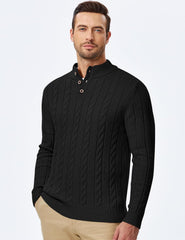 Men's Wool Blend Cable Knit Sweater Casual Long Sleeve Button Stand Collar Old Money Pullover Sweaters