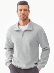 Men's Quarter Zip Waffle Sweatshirts Casual Long Sleeve Solid Color Geometric Texture Pullover Knit Polo Sweatshirt
