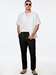 Mens Cotton Pants Casual Elastic Waist Drawstring Lightweight Summer Beach Trousers with Pockets