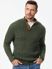 Men's Cable Knit Pullover Sweater Casual Long Sleeve Stand Collar Button Knitted Sweaters