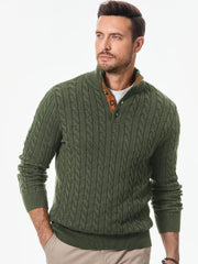 Men's Cable Knit Pullover Sweater Casual Long Sleeve Stand Collar Button Knitted Sweaters