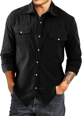 Men's Corduroy Shirts Casual Western Long Sleeve Button Down Shacket Jackets with 2 Flap Pocket