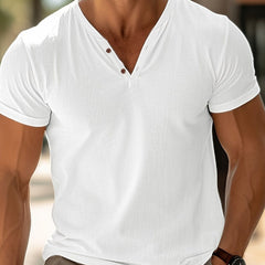 American Style Knitted Muscle T-shirt, Men Elastic V-neck Breathable Sports Short Sleeve Training Top
