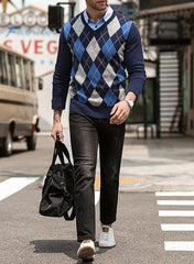 Mens Sweaters Casual V Neck Ribbed Knit Slim Fit Long Sleeve Argyle Pullover
