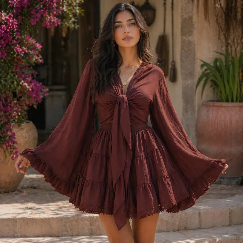 Boho Ruffle Skirt Set | Tiered Mini Skirt, Tie-Front Crop Top
