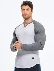Mens Long Sleeve Muscle T Shirts Casual V-Neck Longline Ribbed Tee Shirts