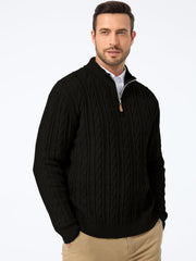 Men's Quarter Zip Pullover Sweater Cable Knit Casual Stand Collar Texture Knitted Sweaters