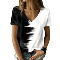 Popular 3D Color-block Printed V-neck Short Sleeve T-shirt for Women
