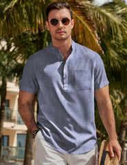 Mens Short Sleeve Linen Henley Shirts Casual Button Down Shirt Summer Beach Wear with Pocket