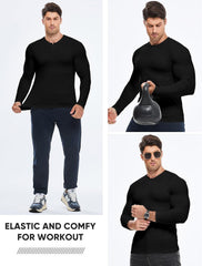 Mens Muscle Slim Henley Shirt Button V-Neck Long Sleeve Gym Workout Athletic T Shirts