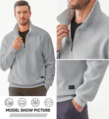 Men's Quarter Zip Waffle Sweatshirts Casual Long Sleeve Solid Color Geometric Texture Pullover Knit Polo Sweatshirt