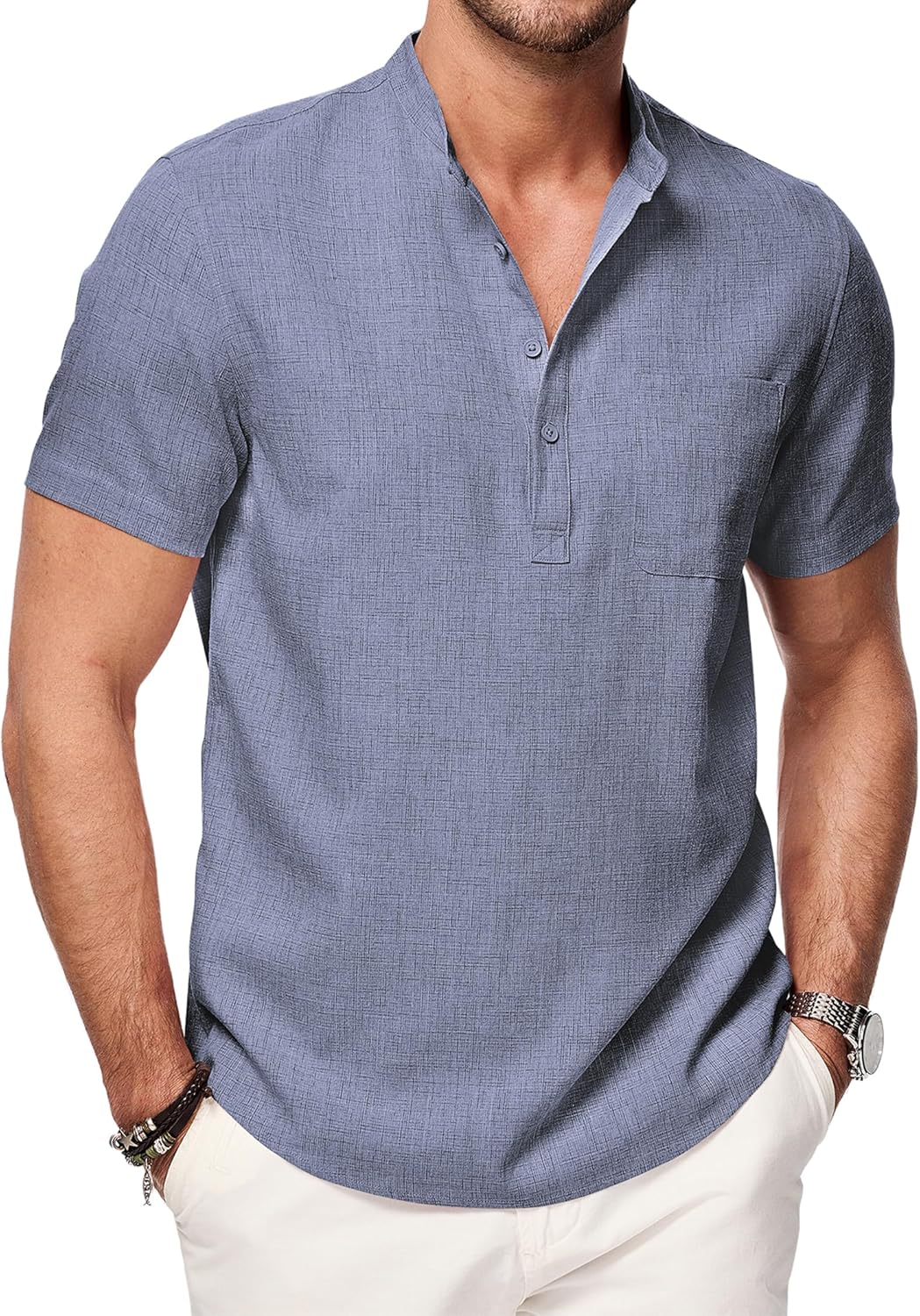 Mens Short Sleeve Linen Henley Shirts Casual Button Down Shirt Summer Beach Wear with Pocket