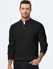 Men's Wool Blend Cable Knit Sweater Casual Long Sleeve Button Stand Collar Old Money Pullover Sweaters