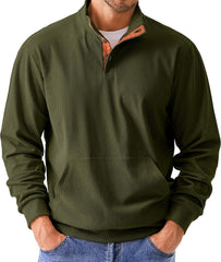 Mens Warm Corduroy Sweatshirt Casual Stand Collar Quarter Fall Metal Button Pullover Sweaters Long Sleeve with Pockets