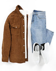 Men's Corduroy Button Down Shirts Casual Long Sleeve Shacket Jacket with Flap Pockets