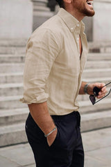 Men's Cotton Linen Button Down Shirt Casual Stylish Long Sleeve Business Dress Shirts