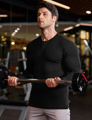 Mens Muscle Slim Henley Shirt Button V-Neck Long Sleeve Gym Workout Athletic T Shirts
