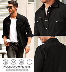 Men's Corduroy Shirts Casual Western Long Sleeve Button Down Shacket Jackets with 2 Flap Pocket
