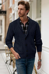 Men's Casual Wool Blend Long Sleeve Shawl Collar Buttons Down Cable Knit Cardigan Sweater